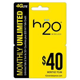 $40 H2o Pay as You Go Pre Paid Card