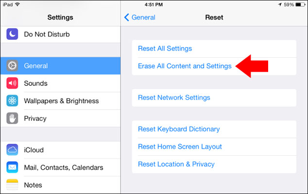 iPad general screen erase all content and settings