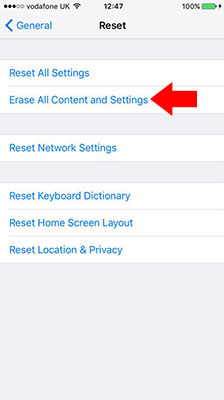 iphone reset screen erase all content and settings tab