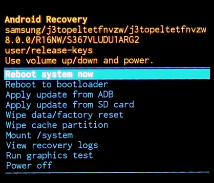 Android Recovery system - Reboot highlighted