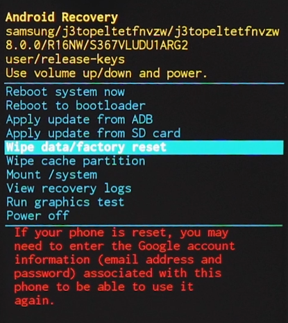 Android Recovery Screen - Wipe Data